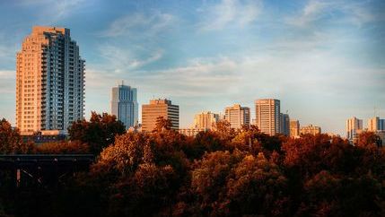 Cityscape shot of Apartment buildings in autumn