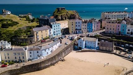 Aerial view of colorful buildings in a seaside town